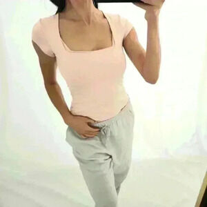 Free people intimately pink square neckline bodysuit cream Short sleeve summer